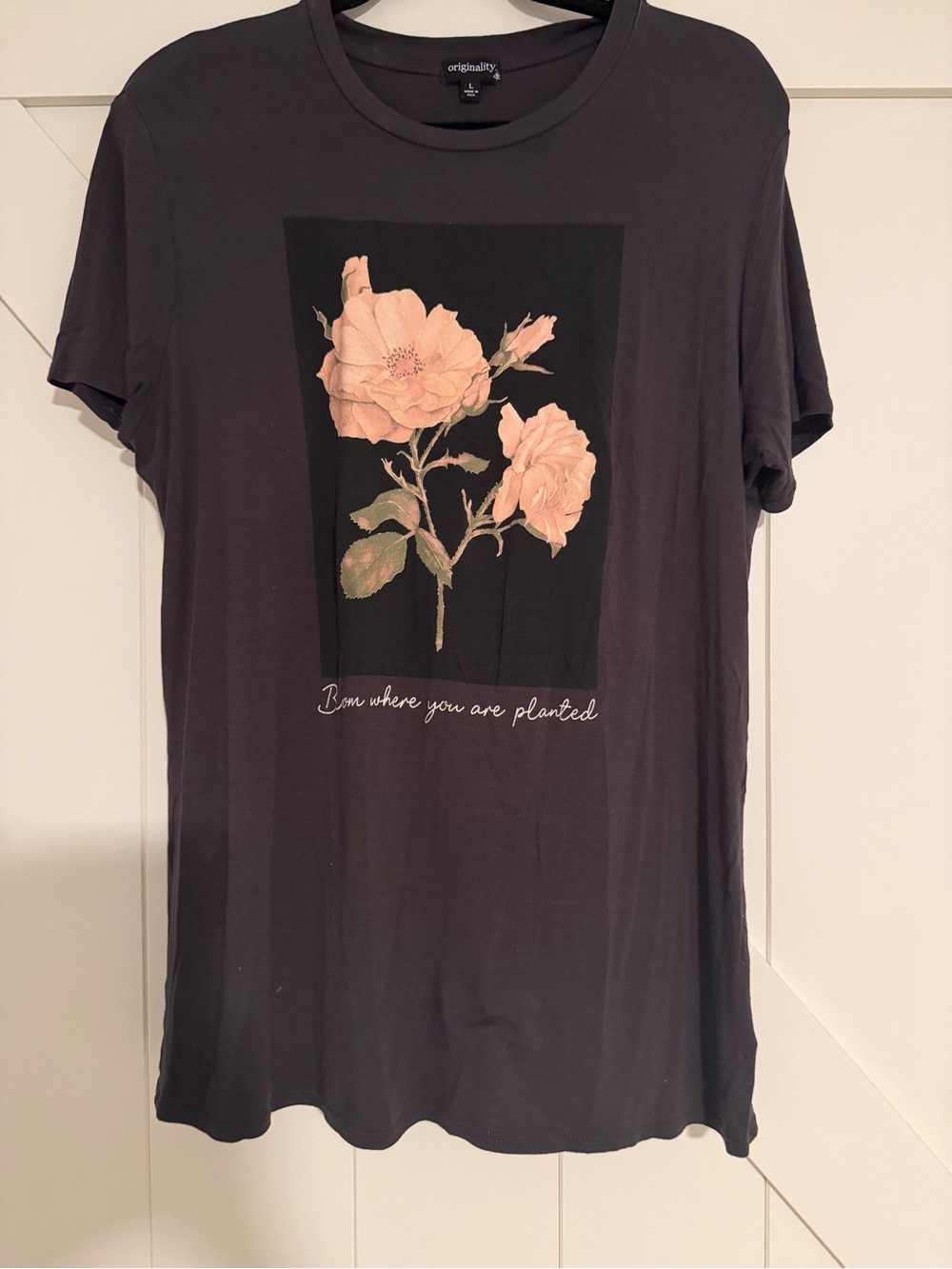 Black Floral Graphic Tee with Pink Roses
